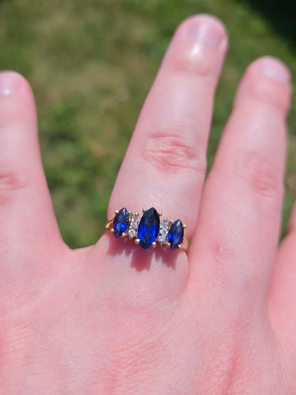 14K Yellow Gold Lab Created Sapphires & Diamond Marquise Style Ring Band 6.75